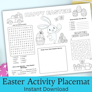 May include: A black and white printable Easter activity placemat featuring a bunny rabbit, an Easter egg maze, a word search, and a fill-in-the-blank Easter message. The placemat also includes a section for drawing your own Easter bunny.