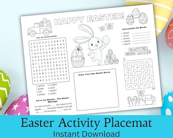 Easter Activity Placemat, Printable Coloring Page for Kids, Easter Dinner Activity Mat, Digital Download