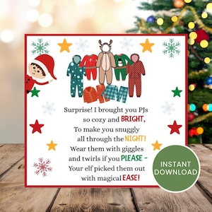 Può includere: Un biglietto a tema natalizio con bordo rosso, con illustrazioni di pigiami e un elfo. Il testo recita "Surprise! I brought you PJs..." con un pulsante verde "Instant Download". Sullo sfondo c'è un albero di Natale.