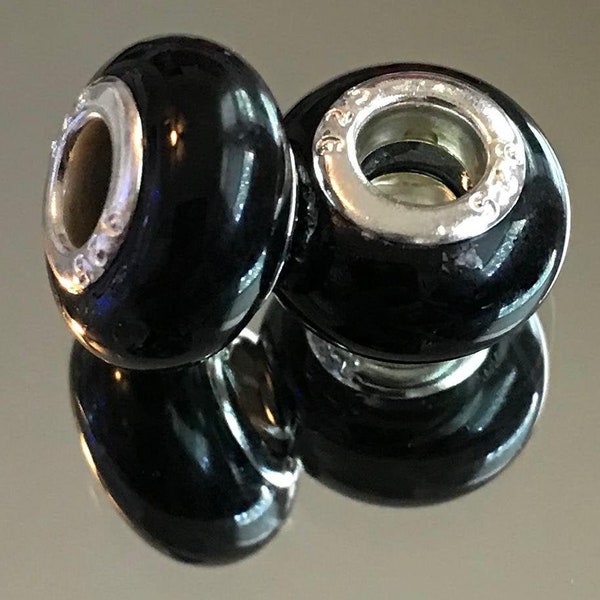 European Style - Murano Glass Bead - Double Core - Solid Black - #M152