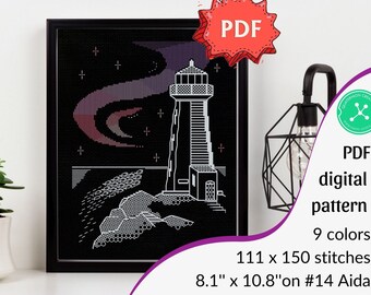 Lighthouse Aurora blackwork embroidery/cross stitch pattern: Polar Lights design (PDF chart)