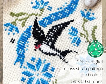 Blue, Black, and White cross stitch pattern // Folklore design with cornflowers and a swallow
