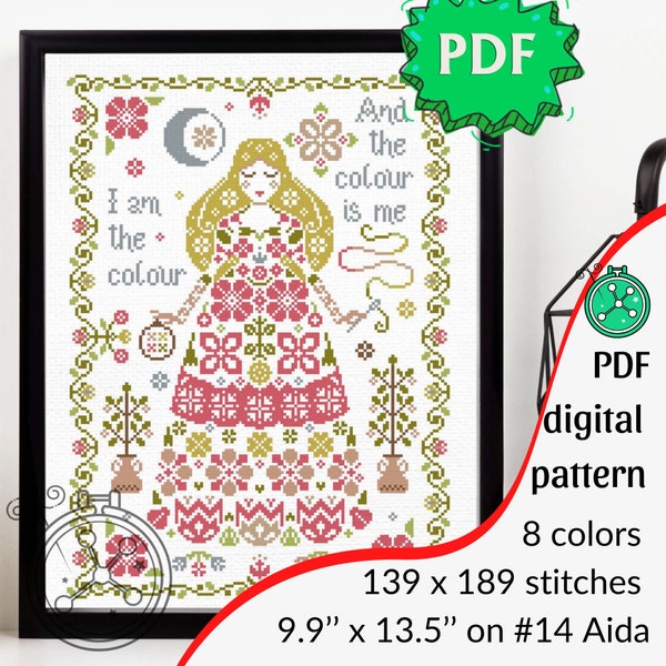 Spring Goddess cross stitch pattern // I am the colour primitive cross stitch, Flora goddess pattern, Mythology inspired cross stitch PDF