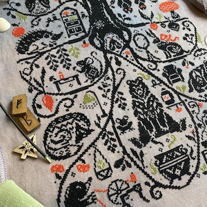 The Burrow Tales cross stitch pattern: Cozy forest animals in monochromatic sampler style stitching design image 5