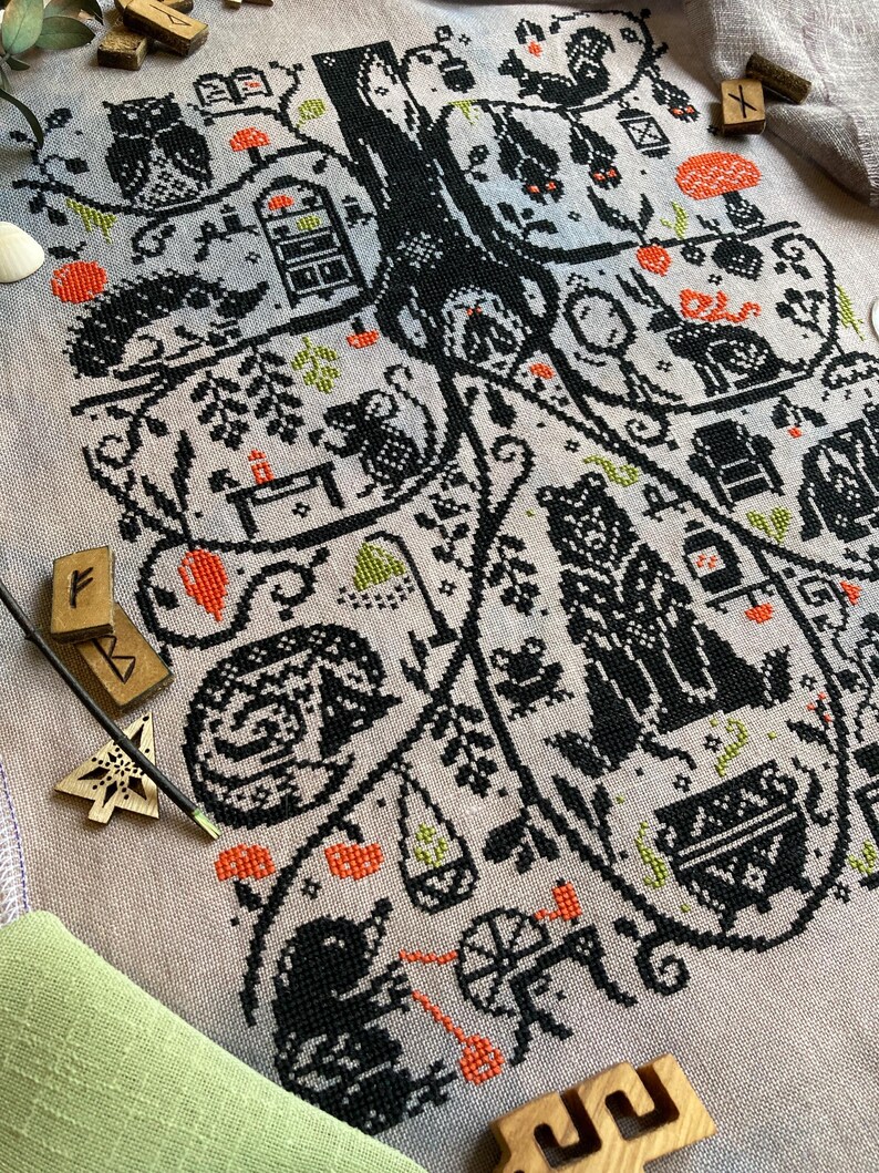 The Burrow Tales cross stitch pattern: Cozy forest animals in monochromatic sampler style stitching design image 5