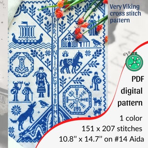 Very Viking cross stitch pattern // Norse mythology inspired monochromatic chart in PDF