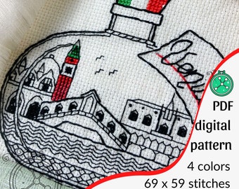 Venice blackwork pattern / Travel bottle cross stitch design, Italy stitching pattern
