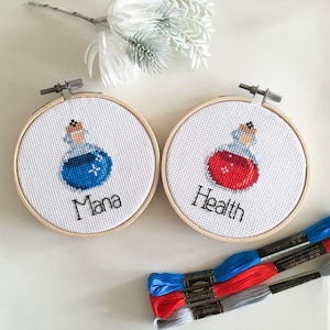 Potion cross stitch pattern - Health Mana Stamina bottles geeky embroidery - gaming DND inspired pdf cross stitch design