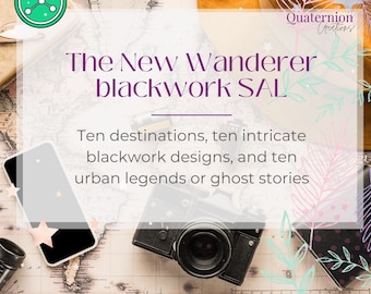 The New Wanderer blackwork SAL // Travel blackwork stitchalong, Wanderlust cross stitch design, traveler stitching