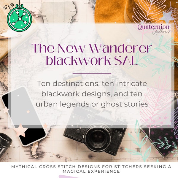 The New Wanderer blackwork SAL // Travel blackwork stitchalong, Wanderlust cross stitch design, traveler stitching