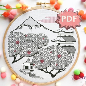 Wzór haftu krzyżykowego Sakura Morning // Nowoczesna sztuka obręczy, haft inspirowany Japonią, wzór haftu krzyżykowego z motywem kwiatu wiśni w formacie PDF
