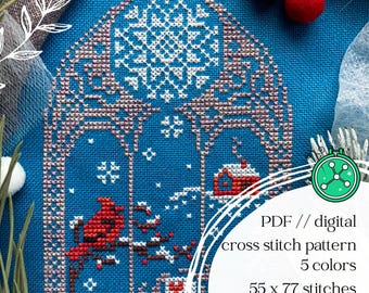 A Glimpse of Winter cross stitch pattern: Cardinal and cozy snowy landscape stitching design (PDF)