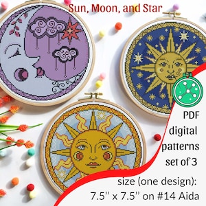 Sun Moon and Star Cross Stitch Patterns Bundle // Celestial stitching PDF charts, Modern cross stitch designs, Set of three