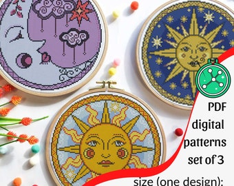 Sun, Moon, Star medieval cross stitch patterns // Celestial stitching designs collection (PDF)
