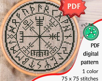 Vegvisir Cross Stitch Pattern // Wayfinder magical symbol cross stitching, Nordic mythology embroidery PDF
