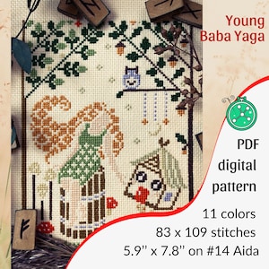 Baba Yaga cross stitch pattern // Young Yaga Witch cross stitch design, Halloween stitching chart, Goblin core aesthetics design