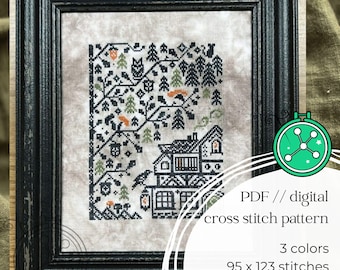 The Tavern at the Edge of the Woods primitive monochromatic cross stitch design