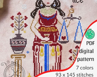 Lady Justice cross stitch pattern (Goddess Justitia): Roman mythology stitching design (digital PDF)