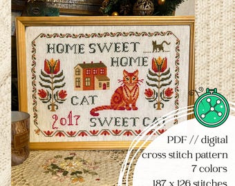 Home Sweet Home, Cat Sweet Cat cross stitch pattern, primitive style design (PDF)