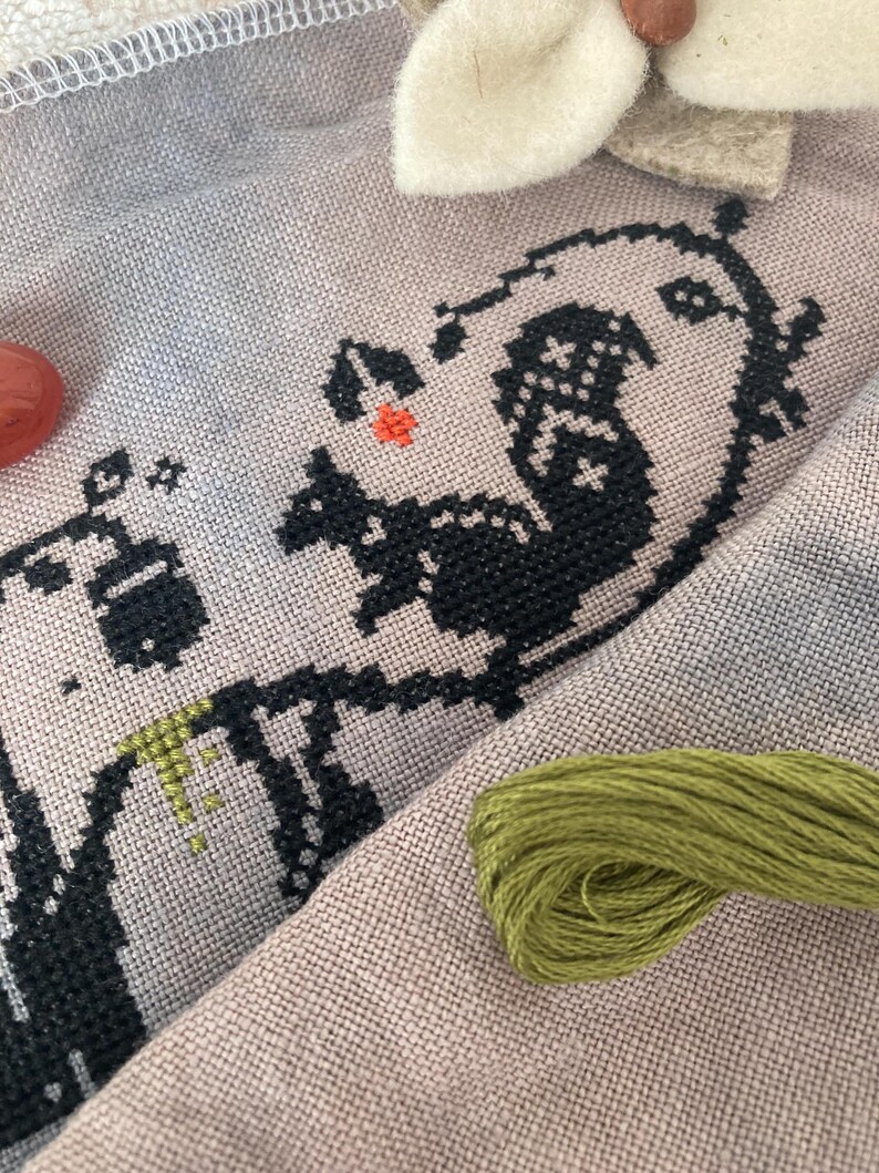 The Burrow Tales cross stitch pattern: Cozy forest animals in monochromatic sampler style stitching design image 9