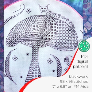 May include: Blackwork cross stitch pattern featuring a mushroom with a whimsical creature on top. The pattern is 98 x 95 stitches and measures 7 inches by 6.8 inches. The pattern is designed for 14 count Aida cloth.