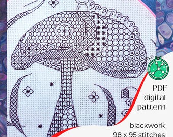 Magic Mushroom blackwork pattern // Goblincore modern cross stitch chart, Toadstool embroidery stitching design