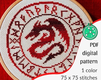Kreuzstich Stickmuster mit Runen-Drache: von nordischer Folklore inspiriertes Design (digitales PDF)