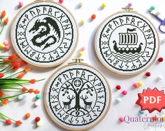 Viking cross stitch patterns (set of three): Drakkar, Dragon, Tree of Life (PDF)