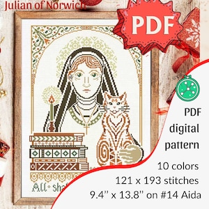 以下が含まれることがあります： ジュリアン・オブ・ノリッジの肖像画と猫、本が描かれたクロスステッチPDFデジタルパターン。デザインは10色で、Aida #14で23.88 cm x 35.05 cmです。額装されたアートワークには、上部に「Julian of Norwich」の文字があります。