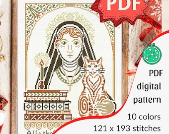 Julian of Norwich cross stitch pattern: Saint Juliana & Cat (PDF format)