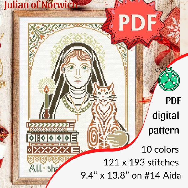 Julian of Norwich cross stitch pattern // All Shall Be Well stitching pattern, Saint Juliana and cat cross stitch PDF