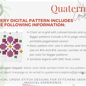 May include: A digital cross stitch pattern information sheet from Quaternion Creations. It features a grid chart with a purple flower design, a list of included pattern details, and contact information for a black-and-white symbol chart request.