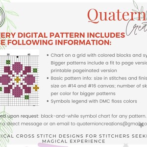 May include: A digital cross-stitch pattern information sheet. The sheet includes a cross-stitch pattern with a floral design in shades of purple, green, and yellow. Text includes the shop name, and details about the pattern, including chart, size, and symbols.