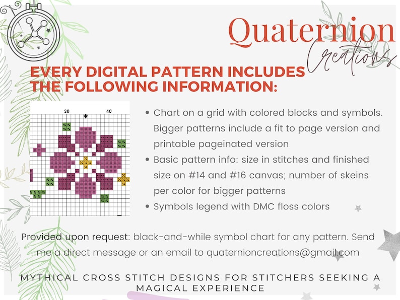 May include: A digital cross-stitch pattern information sheet. The sheet includes a cross-stitch pattern with a floral design in shades of purple, green, and yellow. Text includes the shop name, and details about the pattern, including chart, size, and symbols.