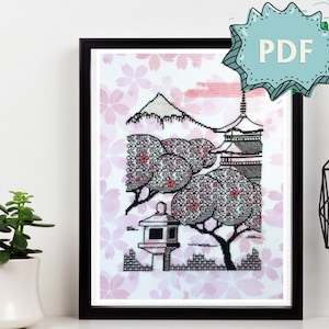 Patrón de bordado en negro Sakura Morning: bordado moderno inspirado en Japón: diseño de punto de cruz único