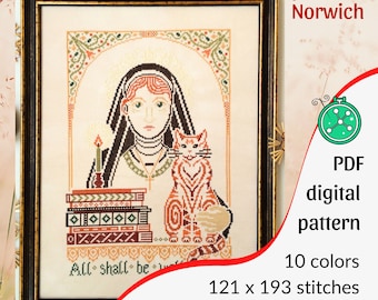 Julian of Norwich cross stitch pattern // All Shall Be Well stitching pattern, Saint Juliana and cat cross stitch PDF