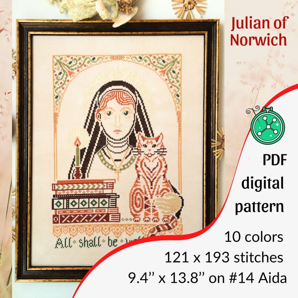 Julian of Norwich cross stitch pattern // All Shall Be Well stitching pattern, Saint Juliana and cat cross stitch PDF