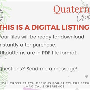 May include: A digital listing announcement with the text "THIS IS A DIGITAL LISTING" in red. The text also states that files are ready for download instantly after purchase and are in PDF format. The image includes the text "Quaternion Creations".