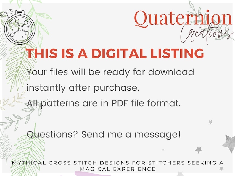 May include: A digital listing announcement with the text "THIS IS A DIGITAL LISTING" in red. The text also states that files are ready for download instantly after purchase and are in PDF format. The image includes the text "Quaternion Creations".
