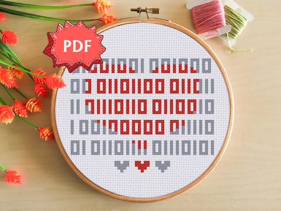 I Love You In Binary Code Simple Nerdy Cross Stitch Pattern Pdf Only