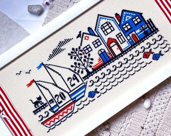 Summer Regatta Cross Stitch Pattern: Yachts & Beach Houses (PDF Downloadable Chart)