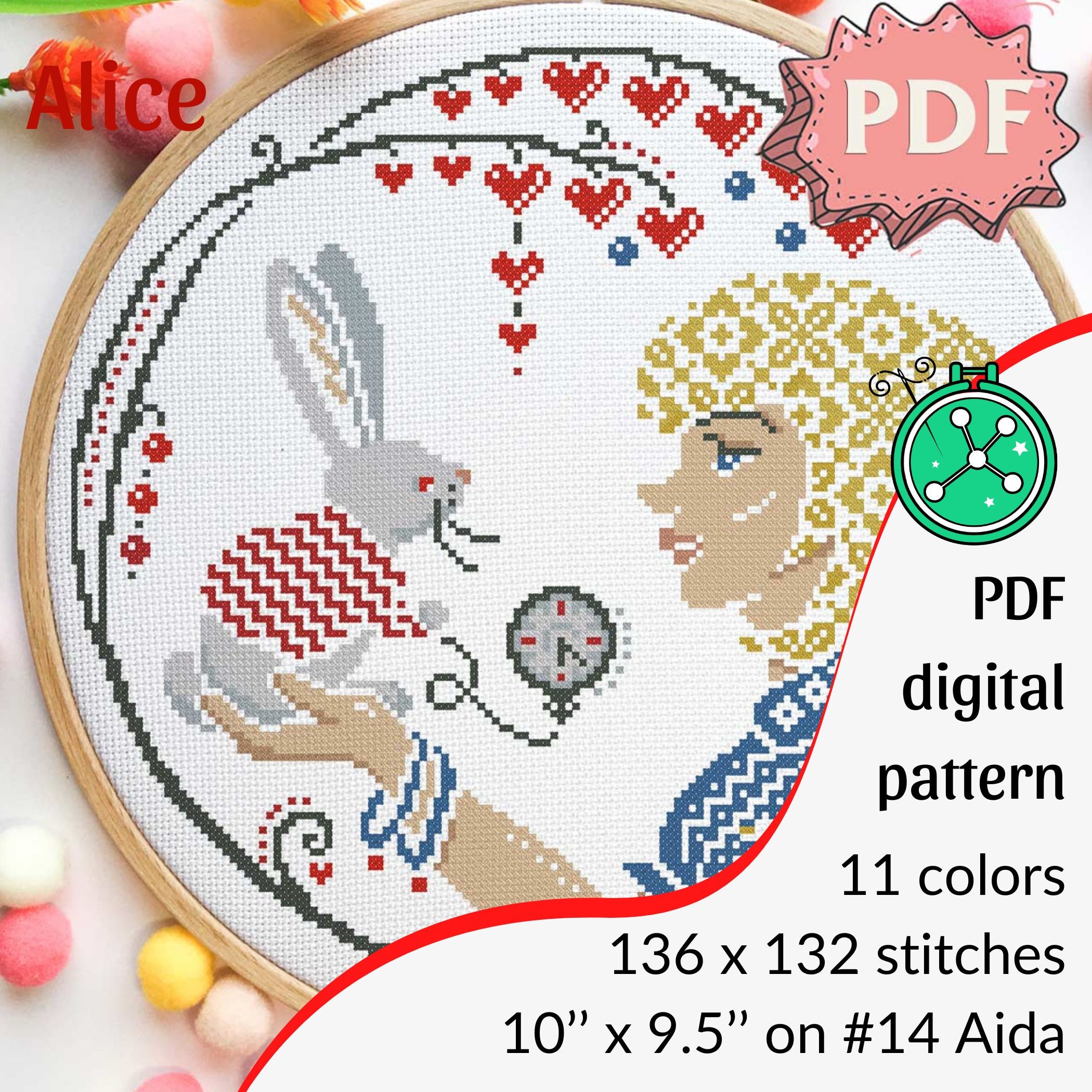 Alice cross stitch pattern // Alice and the White Rabbit design, Alice's Adventures in Wonderland inspired crossstitch chart