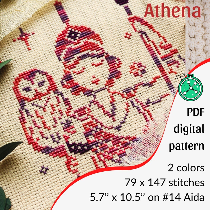 May include: Cross-stitch pattern featuring a figure with an owl, stitched in red and purple on a cream background. The text "Athena" is at the top. The pattern is 5.7" x 10.5" and uses 2 colors. The image also includes the text "PDF digital pattern".