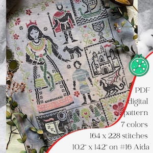 May include: A cross-stitch pattern featuring a medieval theme with figures, castles, and heraldic symbols. The design includes a queen, king, and other characters, with the text "PDF digital pattern 7 colors 164 x 228 stitches 10.2" x 14.2" on #16 Aida".