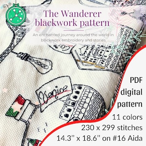 The Wanderer blackwork pattern // Travel blackwork designs collection, Wanderlust cross stitch design, traveler stitching