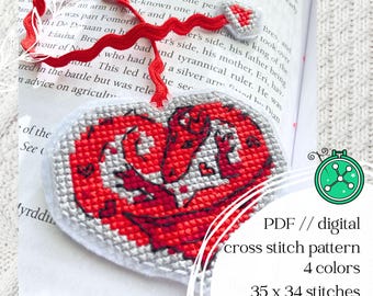 Marque-page point de croix en forme de coeur de dragon : motif facile à broder en forme de coeur rouge pour les lecteurs de romances (grille PDF)