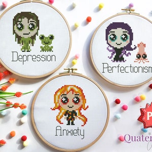 Mental Monsters cross stitch patterns - Depression Anxiety Perfectionism embroidery -  modern mental health cross stitch designs