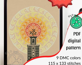 The Sun Tower cross stitch pattern // Sun worship stitching design, Solar circle pagan cross stitch chart