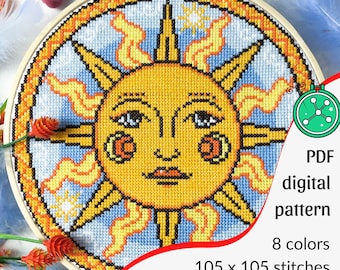 Orange Sun cross stitch pattern: Medieval celestial images inspired (PDF)