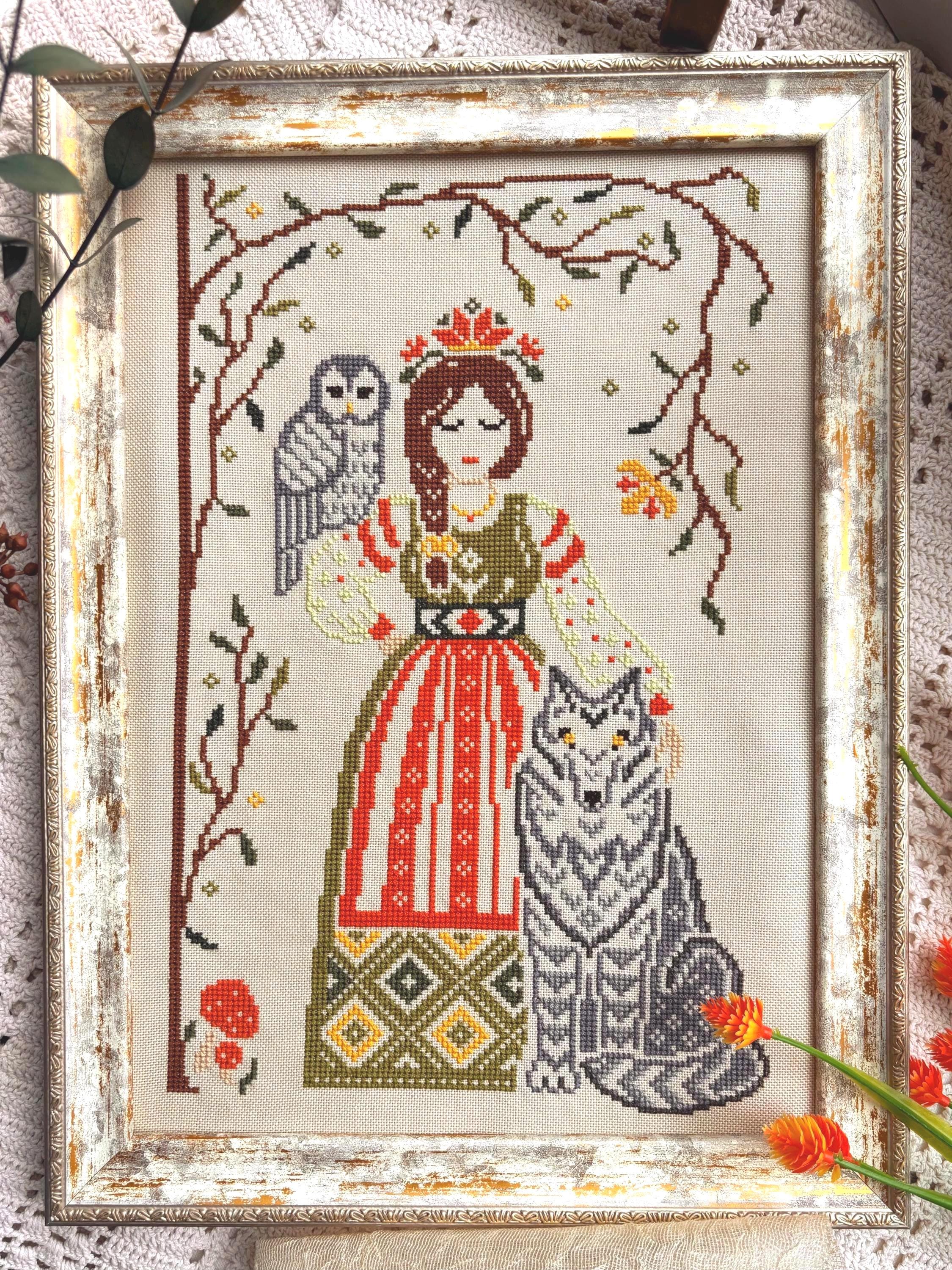 Forest Goddess Medeina and Wolf Cross Stitch Pattern Inspired by